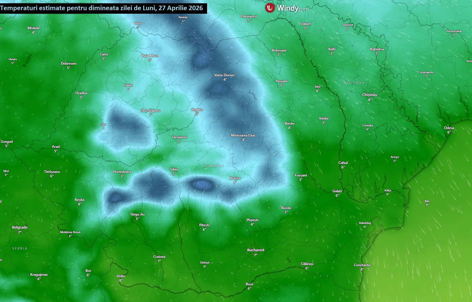 Temperaturi estimate pentru dimineata zilei de Luni, 27 Aprilie 2026