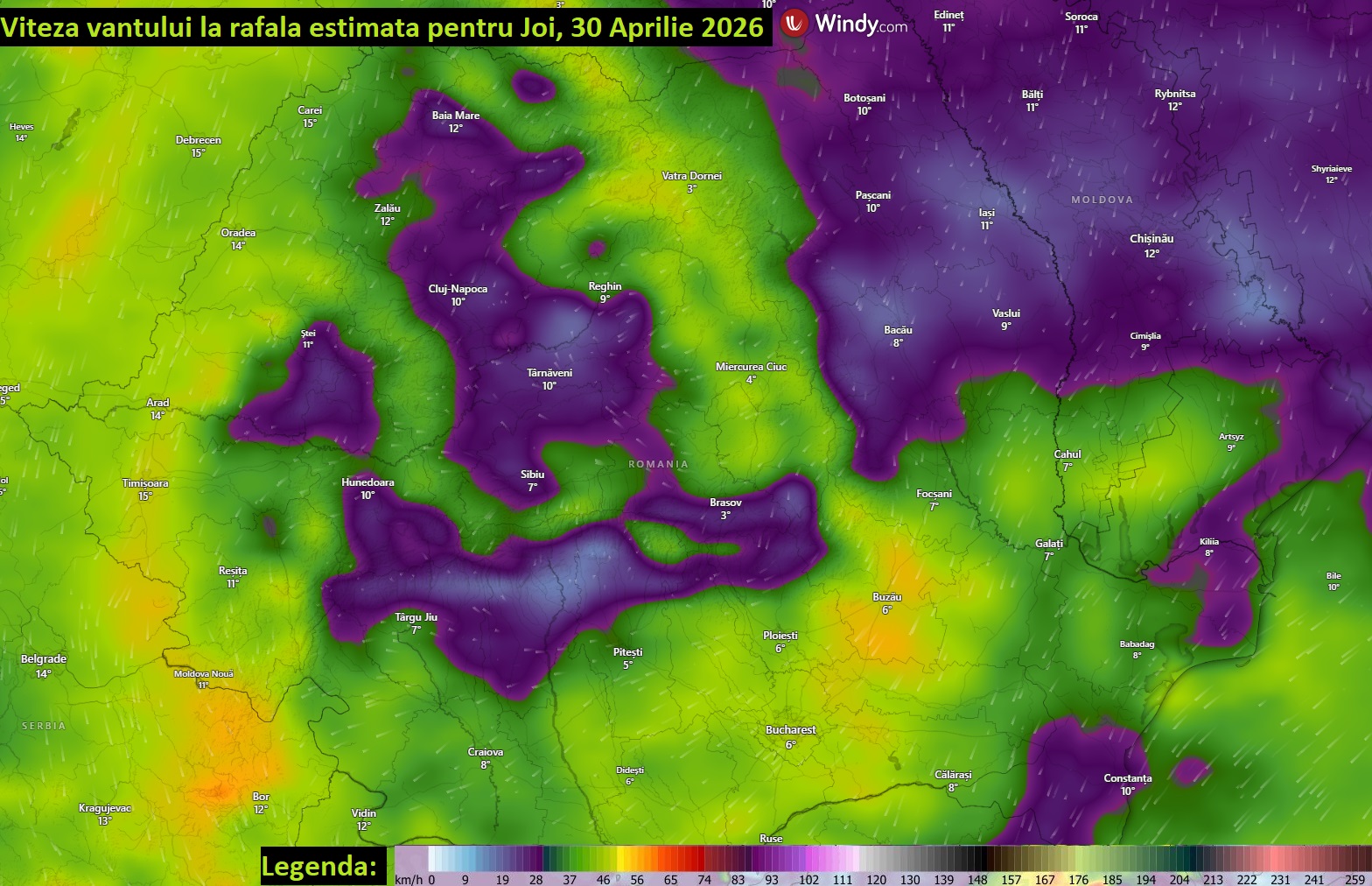 Viteza vantului la rafala, estimata pentru Joi, 30 Aprilie