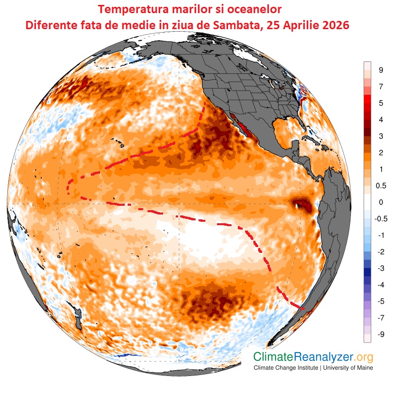 Temperatura de la suprafata marilor si oceanelor. Estimare pentru Sambata, 25 Aprilie 2026