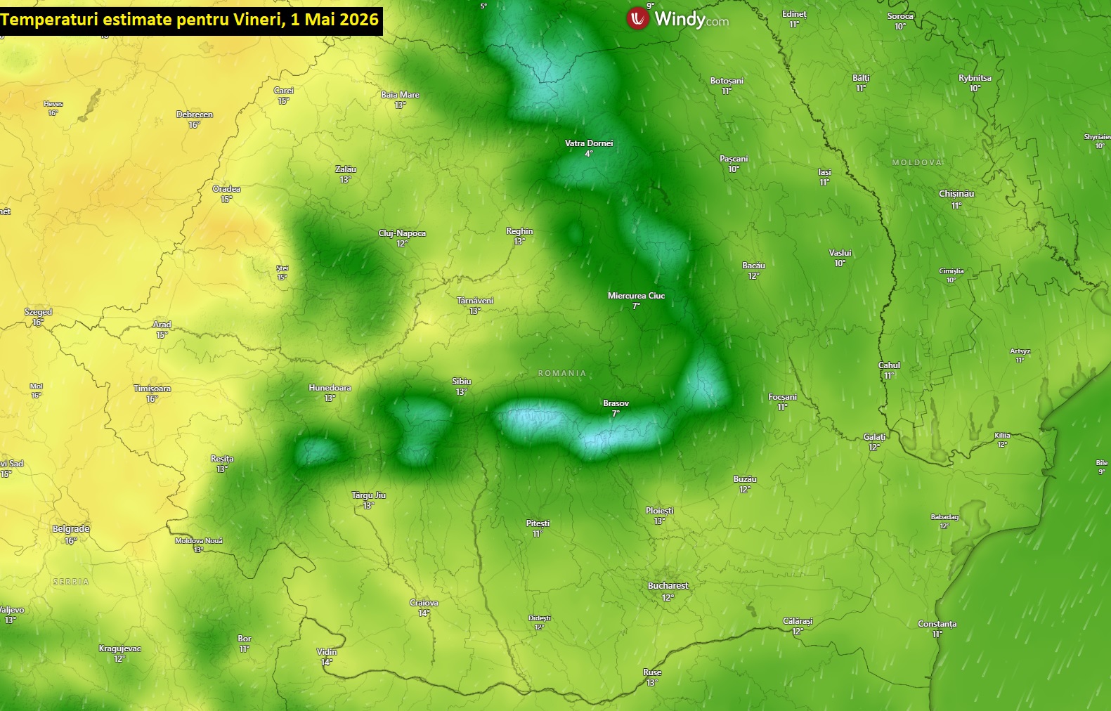 Temperaturi estimate pentru Vineri, 1 Mai 2026