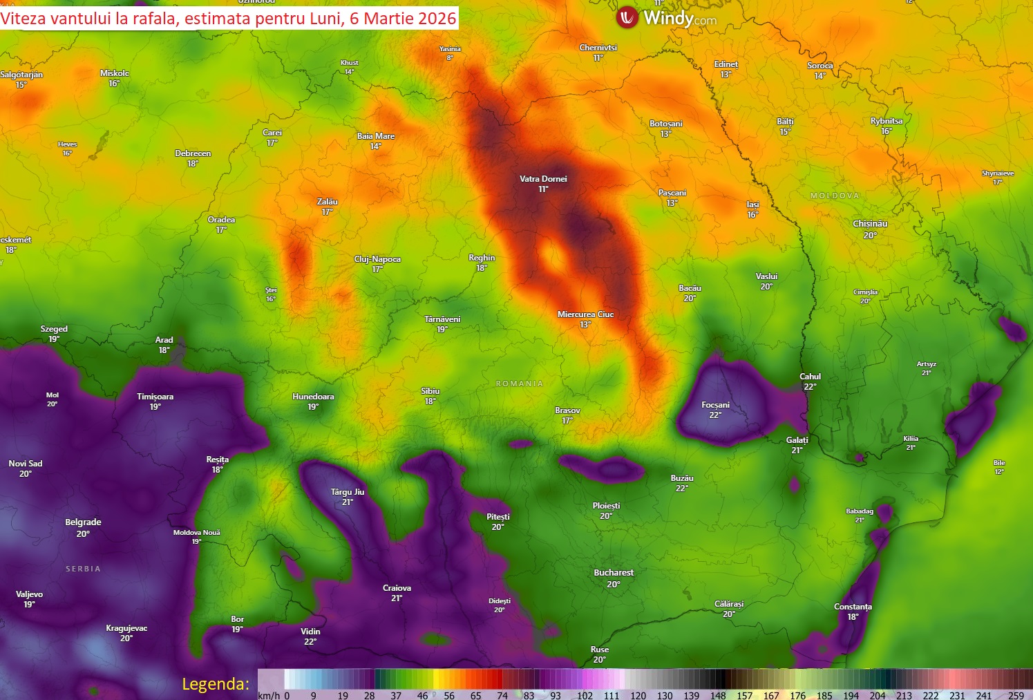 Viteza vantului la rafala estimata pentru Luni, 6 Aprilie 2026