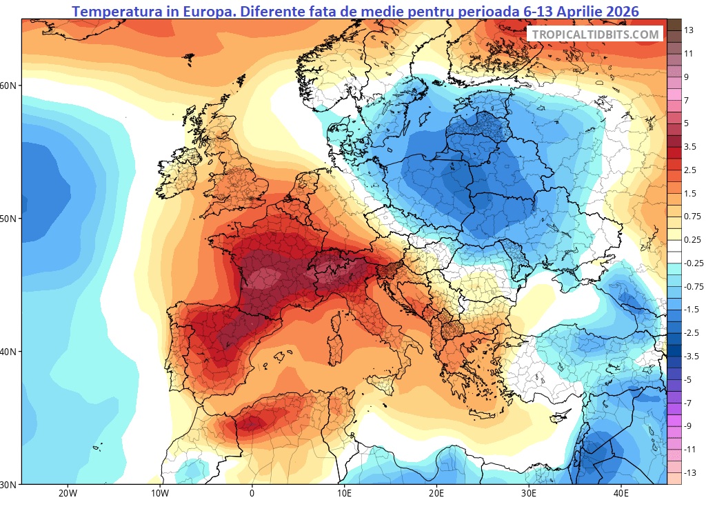 Temperatura. Diferente fata de medie estimata pentru perioada 6-13 Aprilie 2026