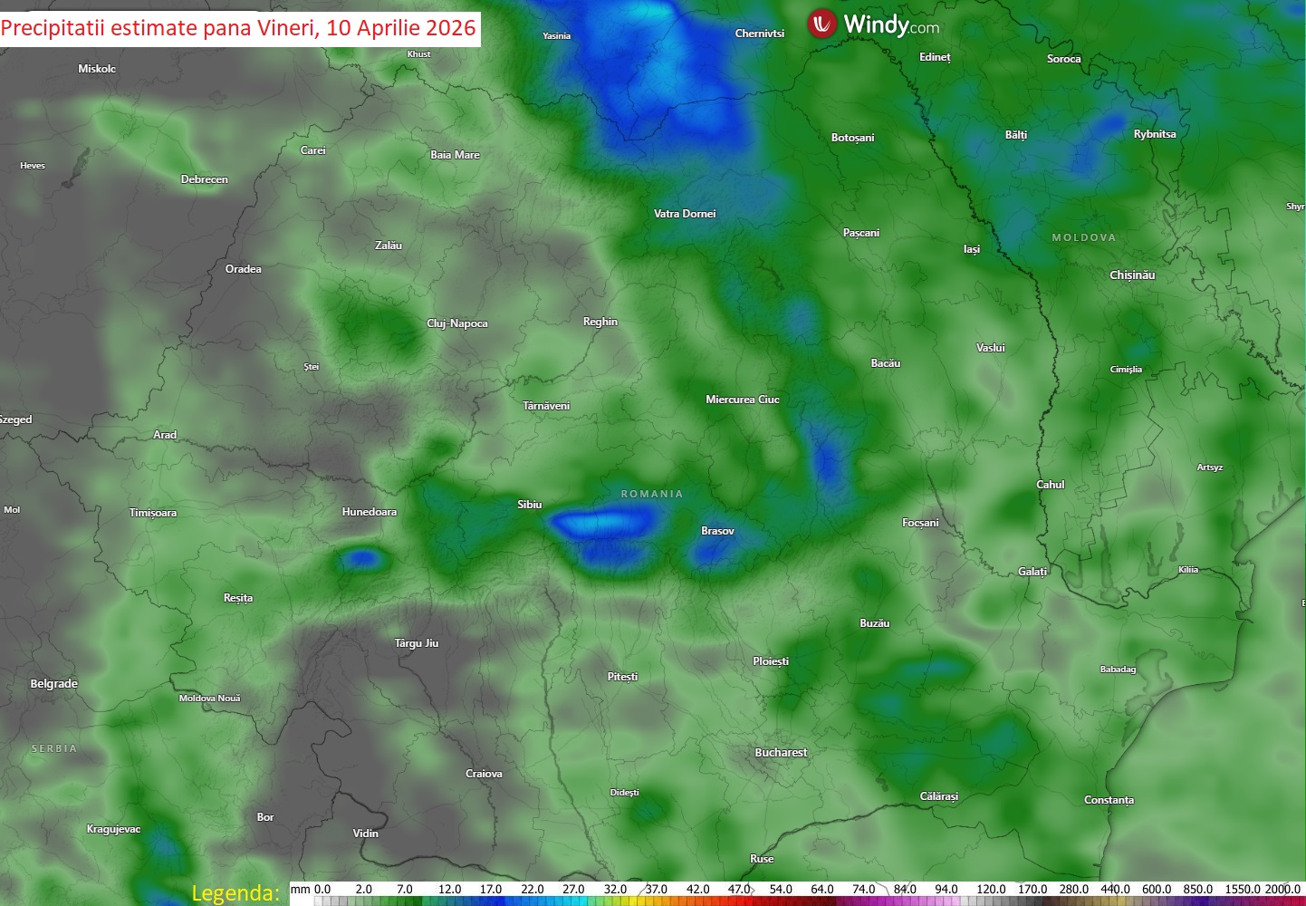 Cantități de precipitații estimate până Vineri, 10 Aprilie 2026
