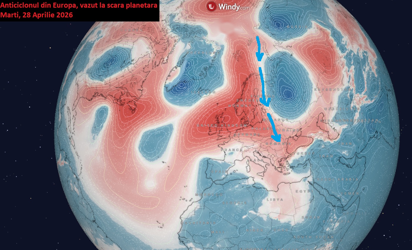 Centri barici estimati pentru Marti, 28 Aprilie, vazuti la scara planetara