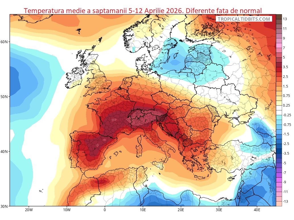 Temperatura medie saptamanala, estimata pentru perioada 5-12 Aprilie 2026