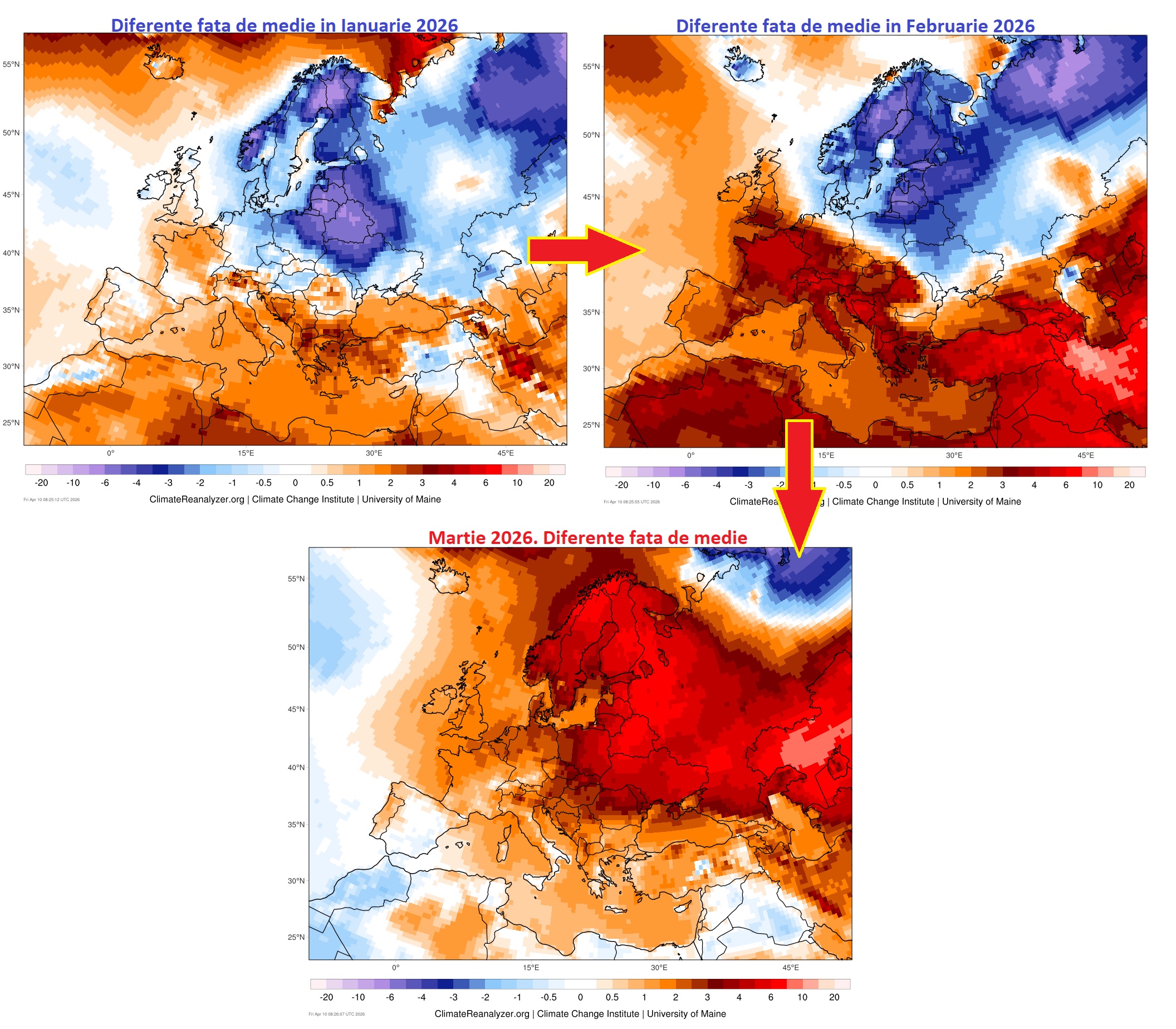 Variatia temperaturilor fata de medie in primele 3 luni ale anului 2026