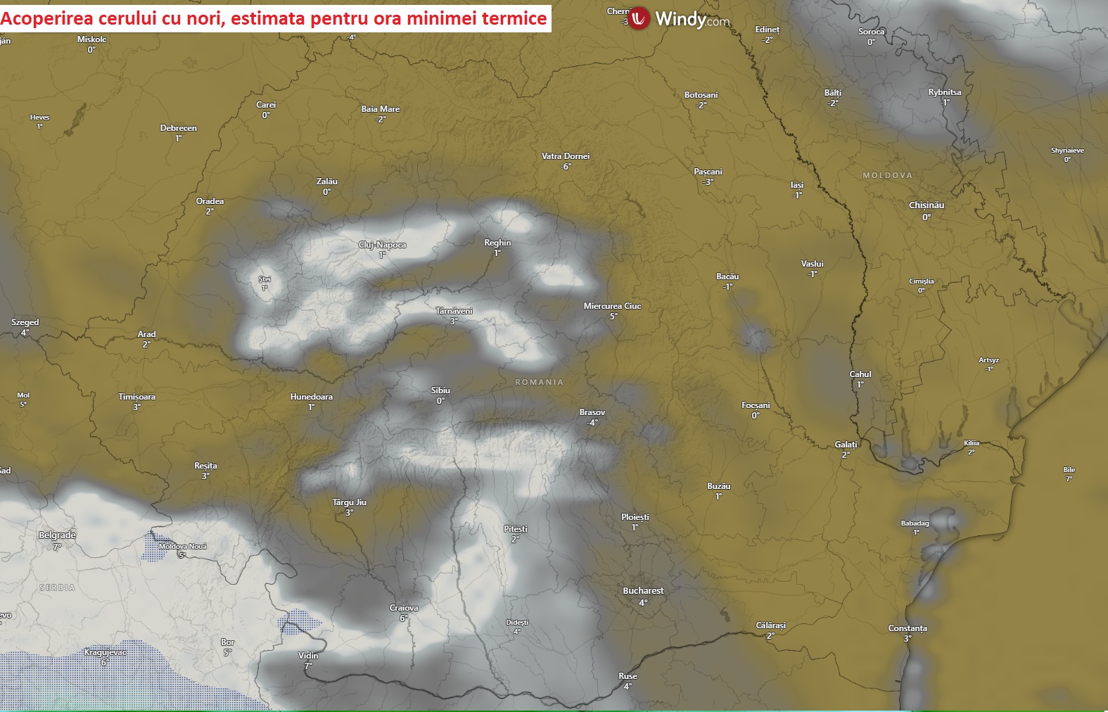 Acoperirea cu nori estimata pentru dimineata zilei de Sambata