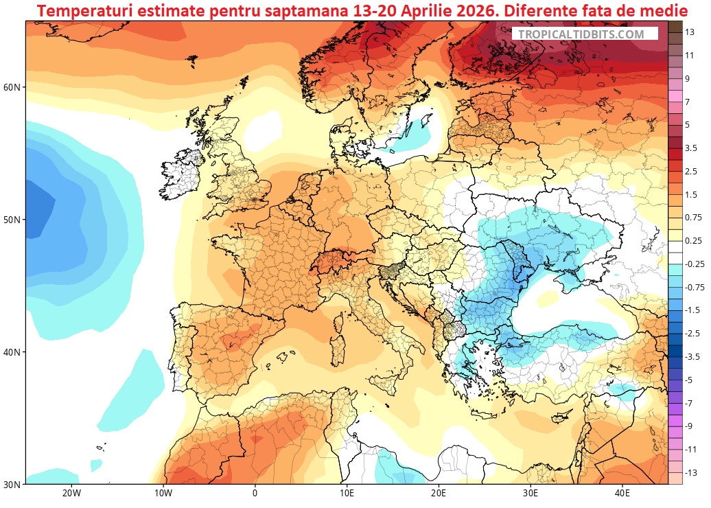 Temperaturi estimate pentru săptămâna 13-20 Aprilie 2026