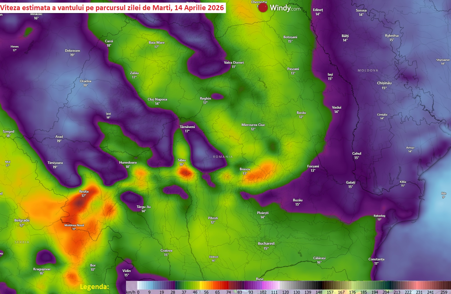 Viteza vantului la rafala estimata pentru Marti, 14 Aprilie 2026