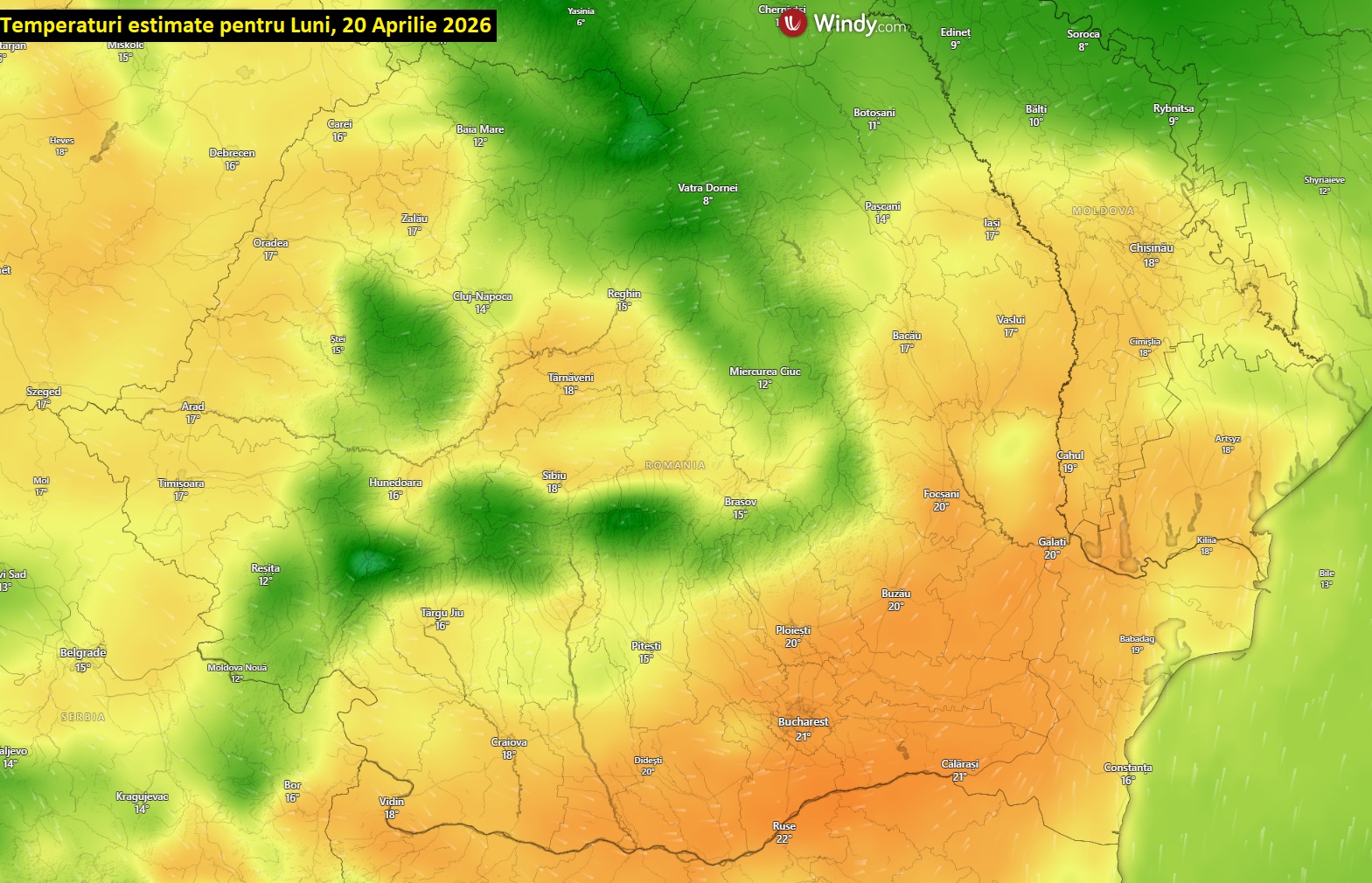 Temperaturi estimate pentru luni, 20 aprilie 2026