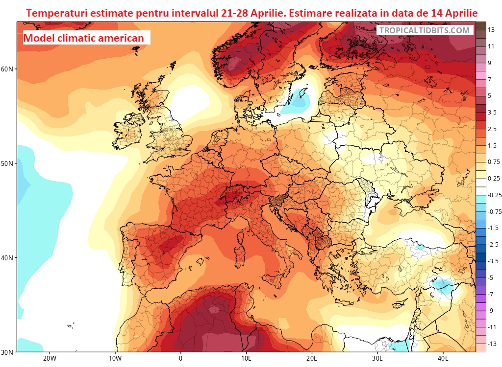 Temperaturi în data de 21-28 Aprilie 2026. Estimare din data de 14 Aprilie