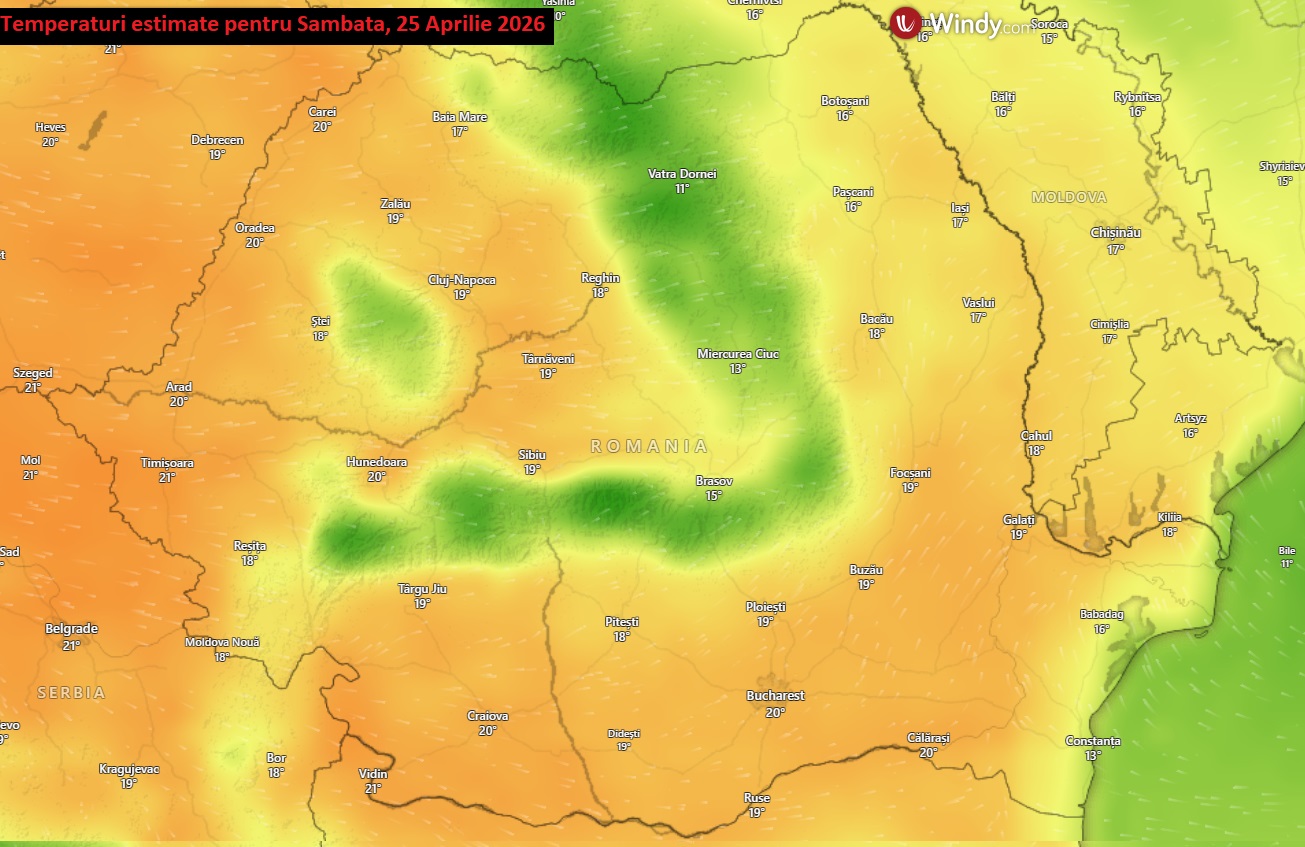 Temperaturi estimate pentru sâmbătă, 25 aprilie 2026