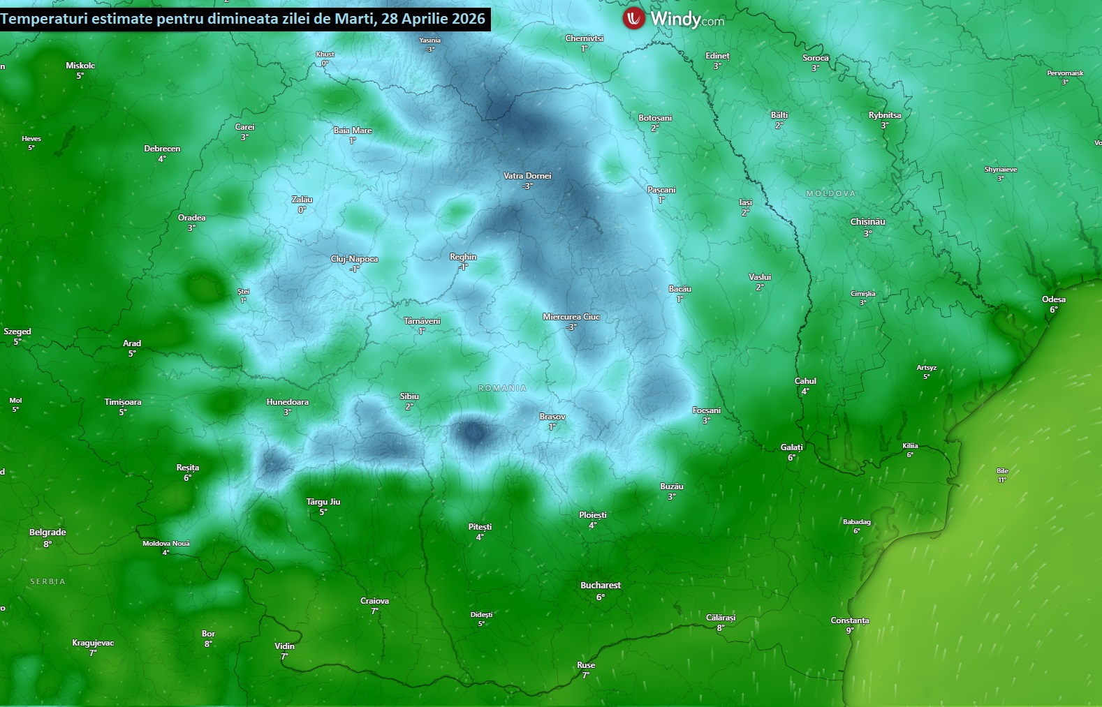 Temperaturi estimate pentru dimineața zilei de marți, 28 aprilie 2026