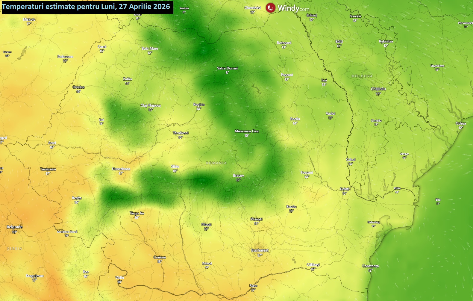 Temperaturi estimate pentru Luni, 27 Aprilie 2026