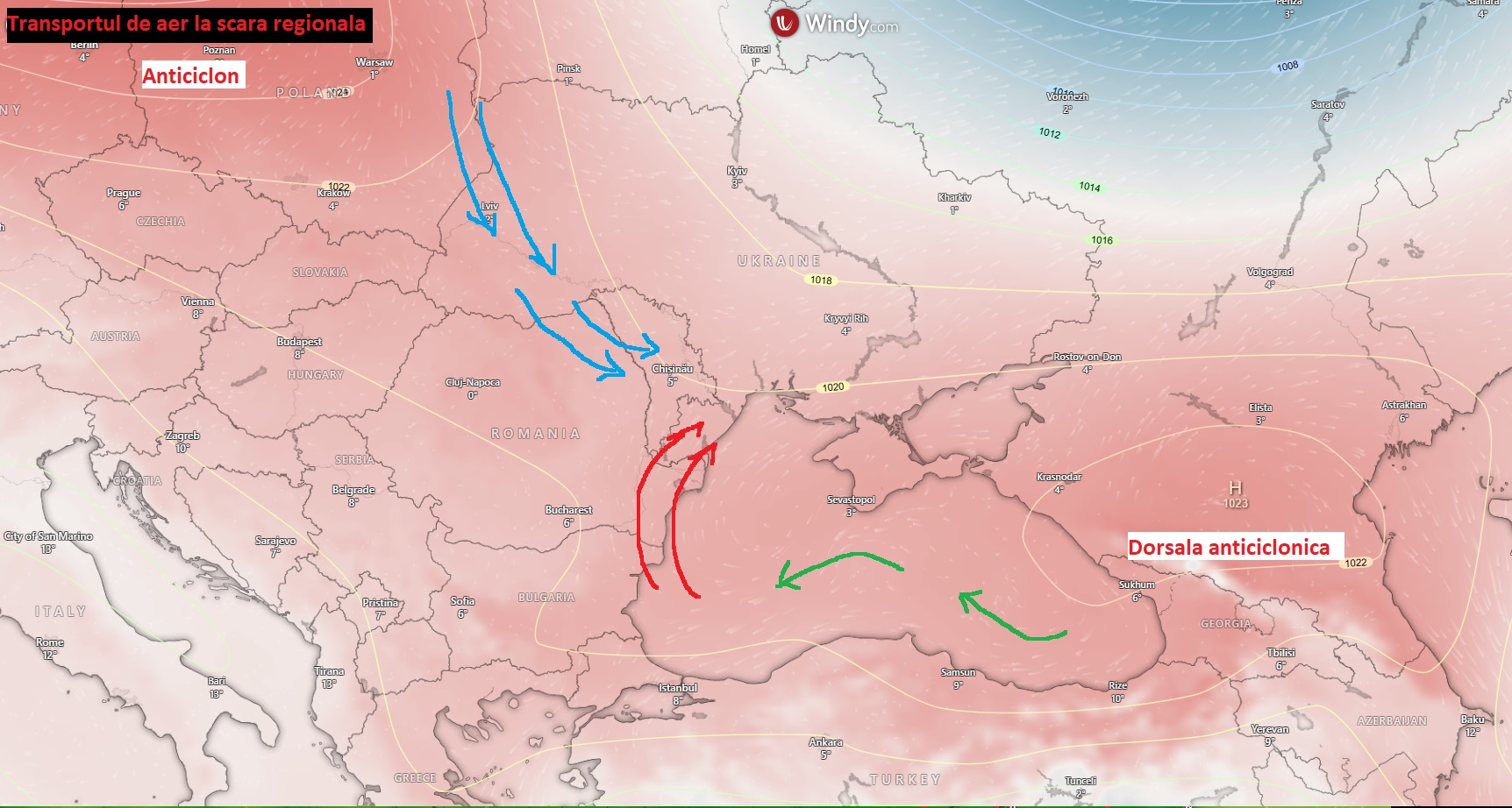 Circulația aerului în dimineața zilei de marți, la scară regională