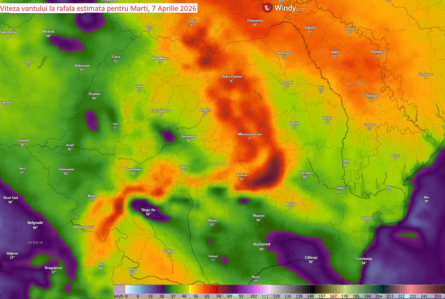 Viteza vântului la rafală estimată pentru Marți, 7 Aprilie 2026