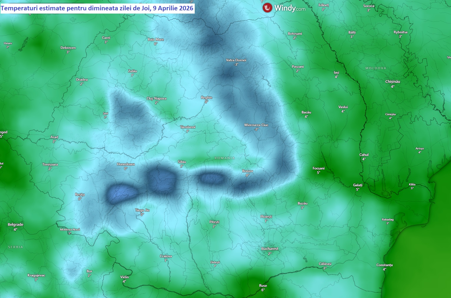 Temperaturi estimate pentru dimineata zilei de Joi, 9 Aprilie 2026
