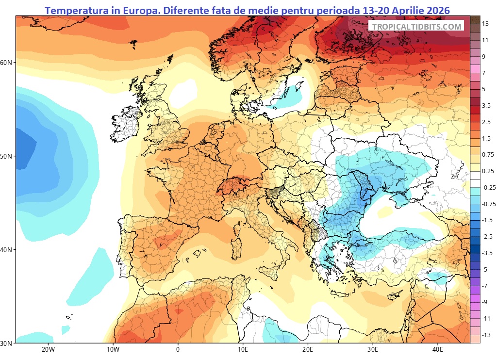 Temperatură. Diferențe față de medie estimate pentru perioada 13-20 Aprilie 2026