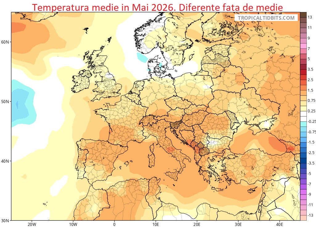 Temperaturi estimate in Mai 2026. Diferente fata de medie.
