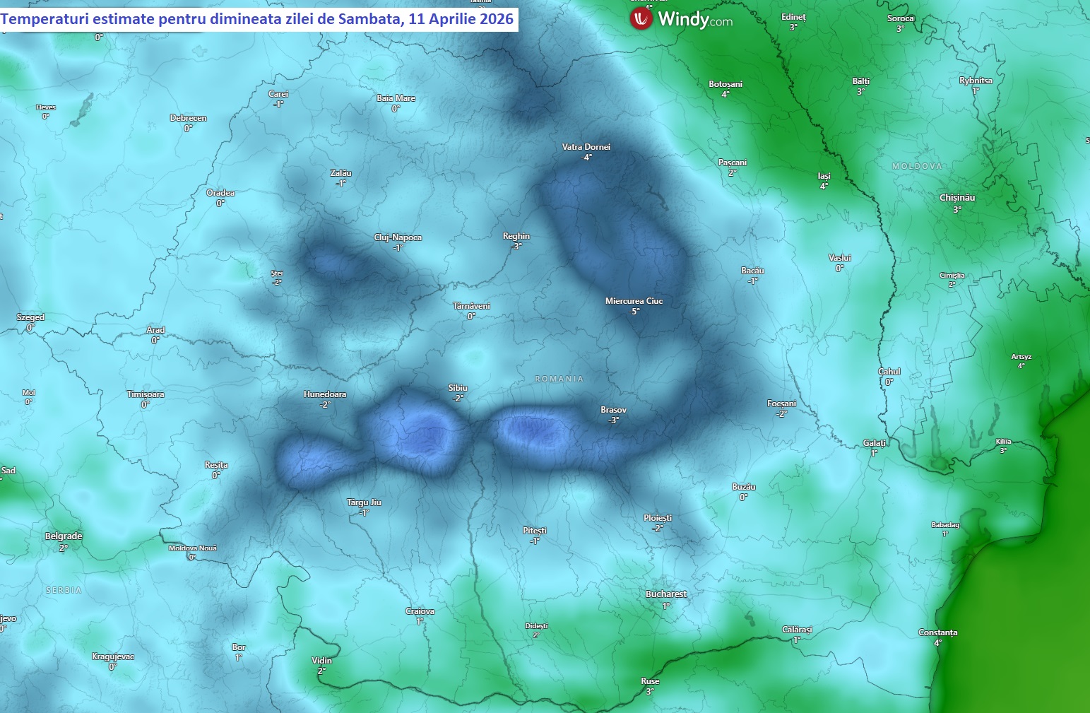 Temperaturi estimate pentru dimineața zilei de Sâmbătă, 11 Aprilie 2026