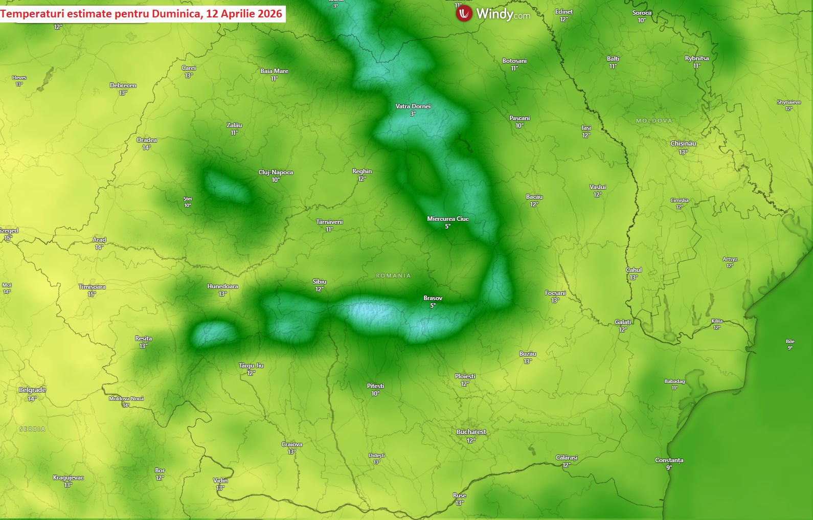 Temperaturi estimate pentru Duminică, 12 Aprilie 2026
