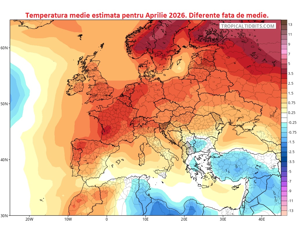Temperaturi estimate pentru Aprilie 2026. Diferente fata de medie