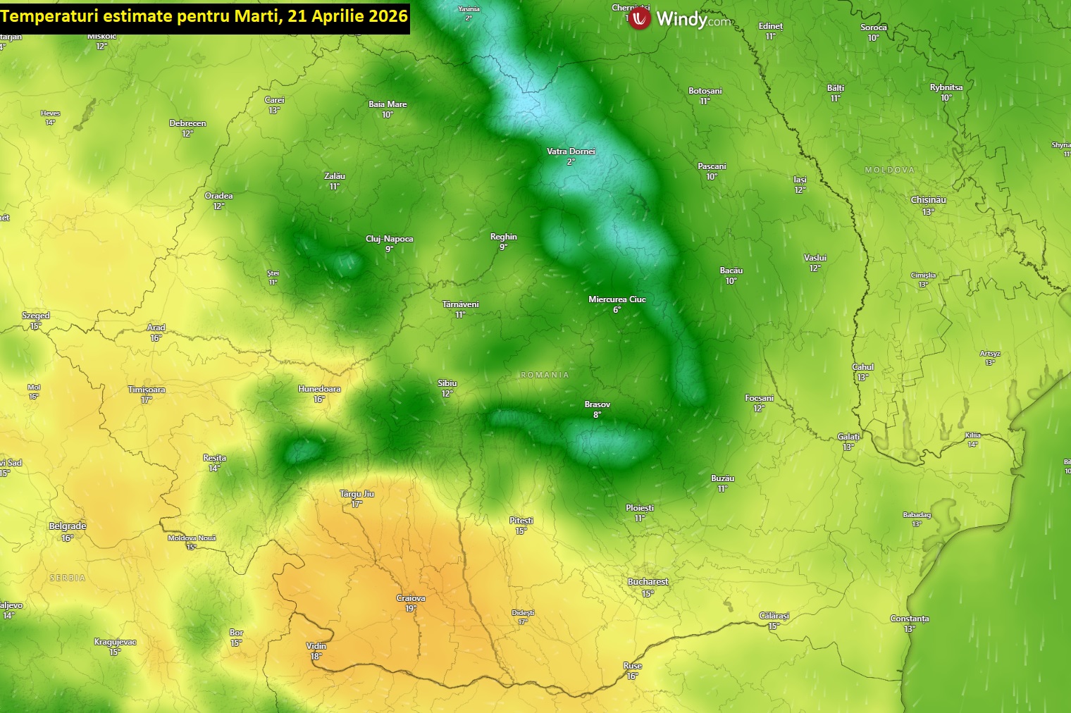 Temperaturi estimate pentru marți, 21 aprilie 2026