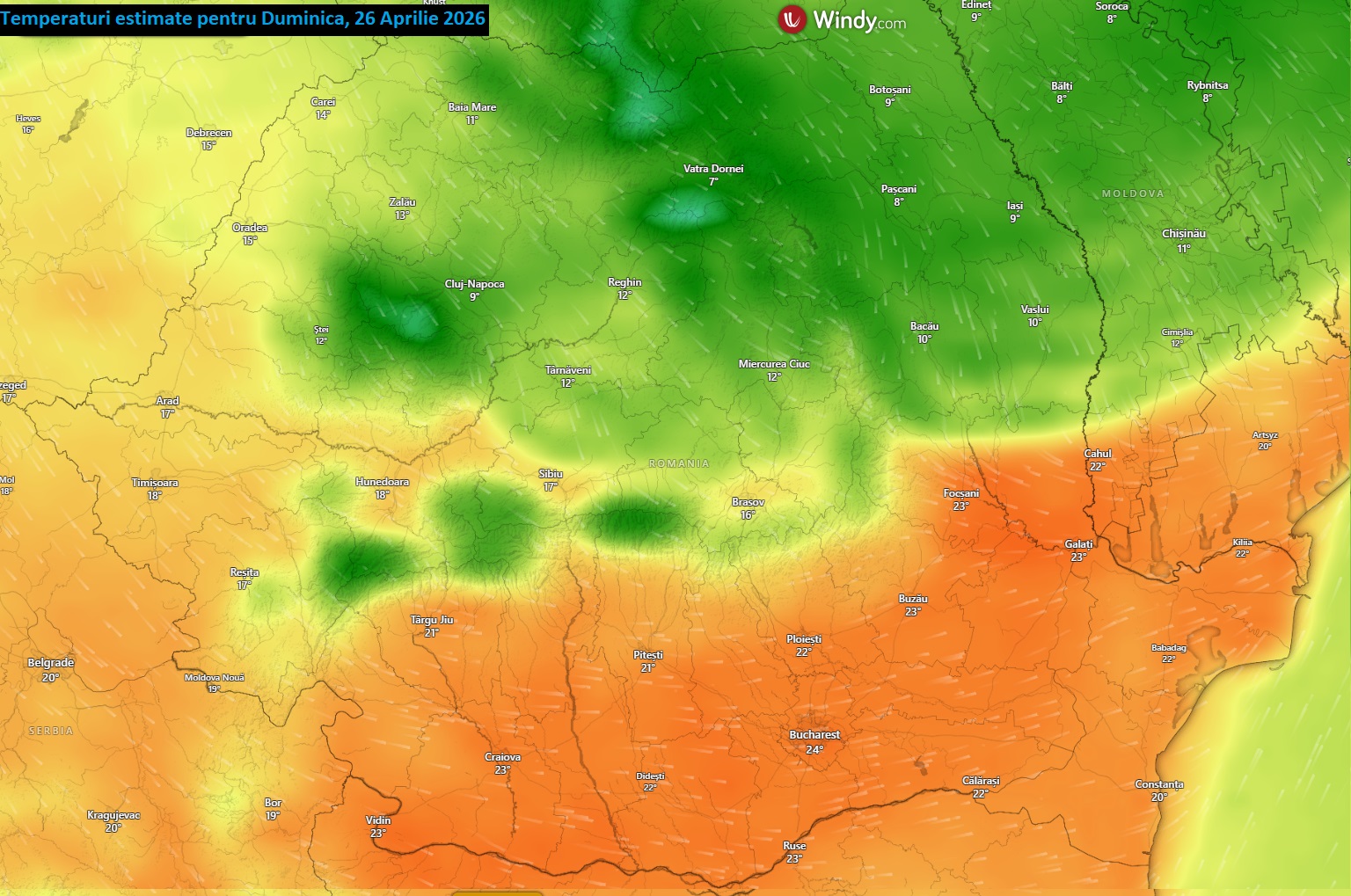 Temperaturi estimate pentru duminică, 26 aprilie 2026