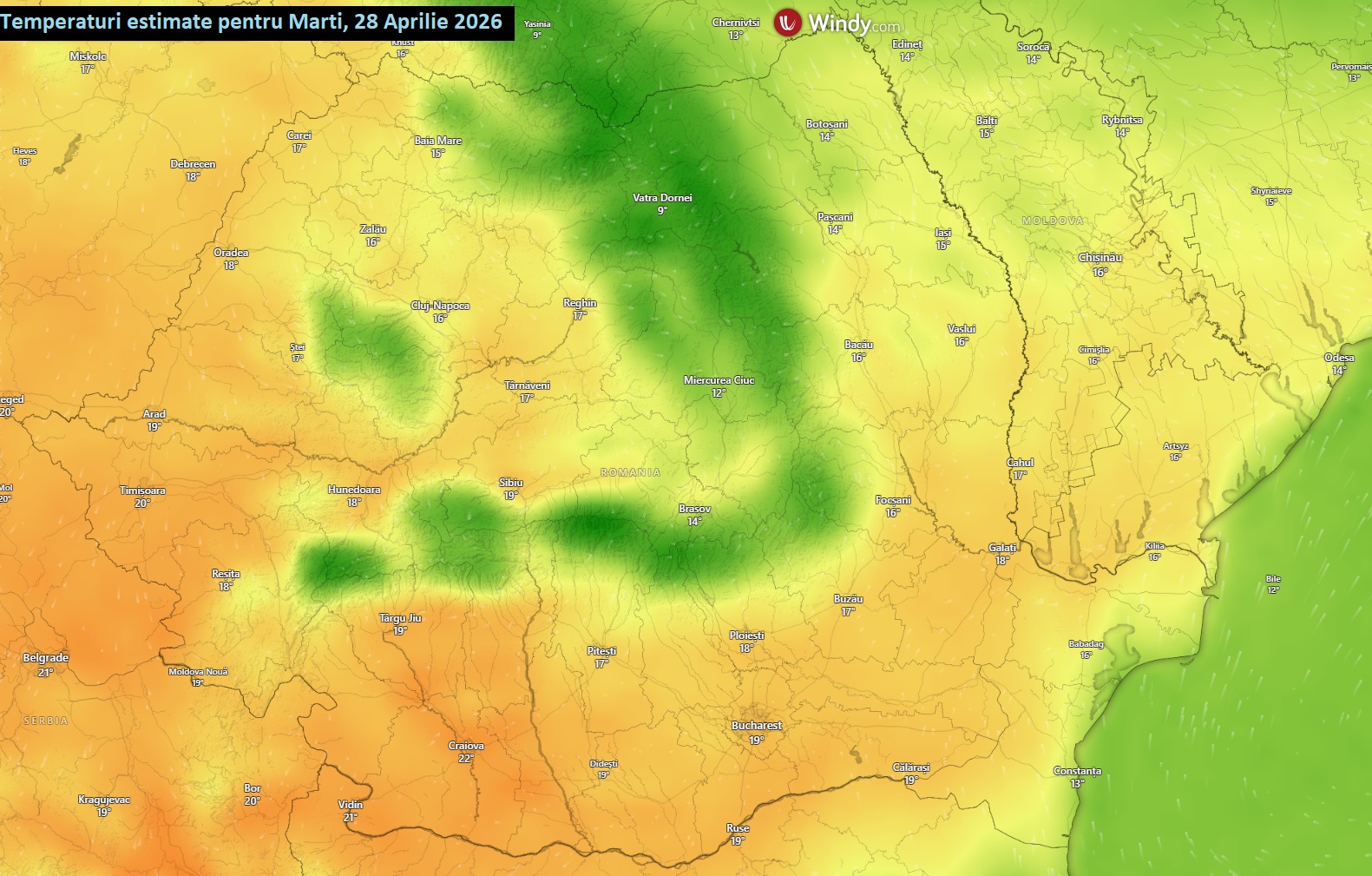 Temperaturi estimate pentru Marți, 28 Aprilie 2026