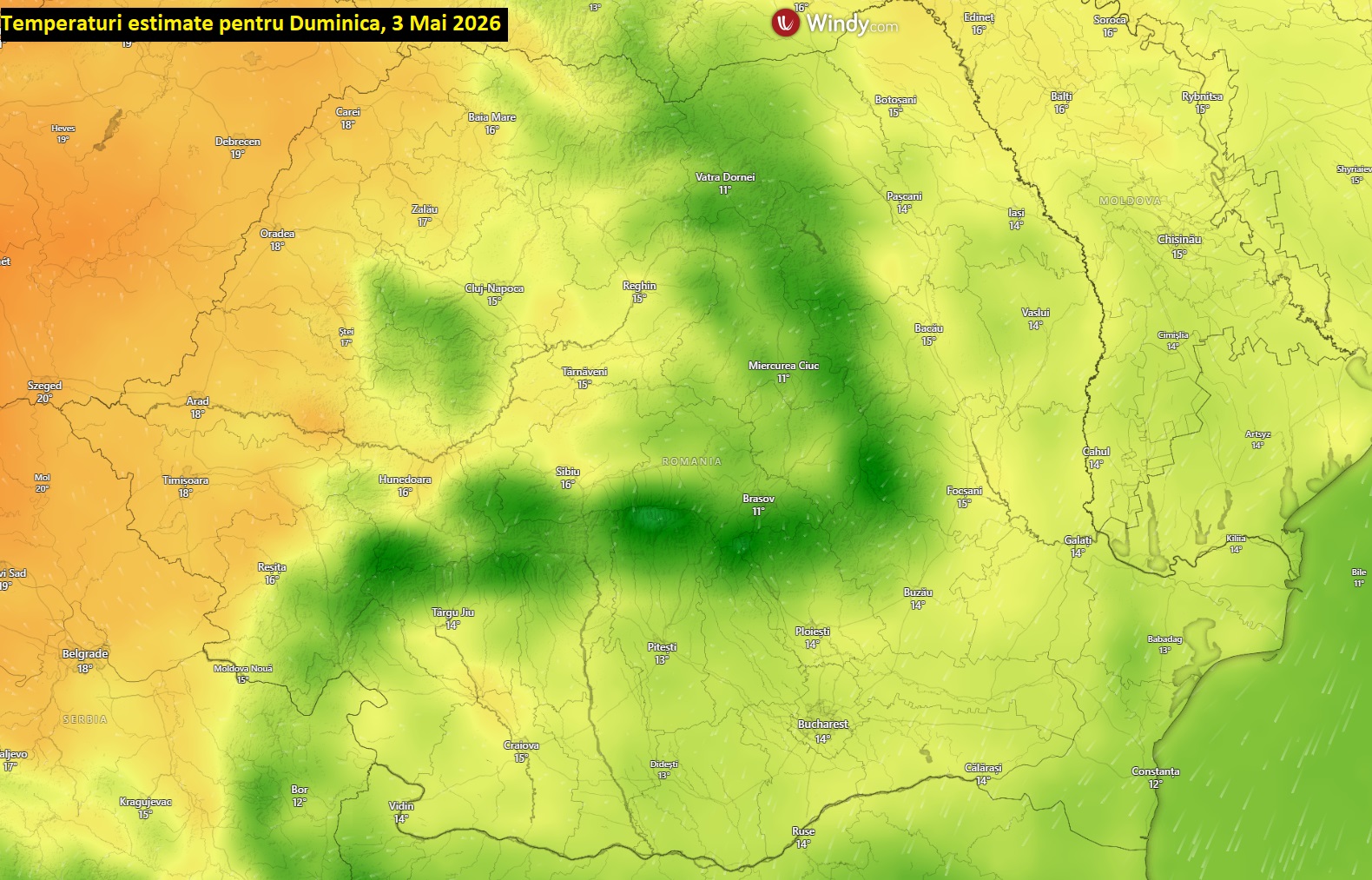 Temperaturi estimate pentru ziua de Duminică, 3 Mai 2026