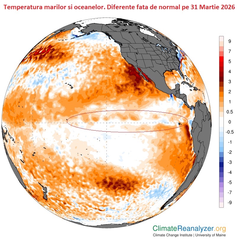 Temperatura marilor si oceanelor. Diferente fata de normal in data de 31 Martie 2026