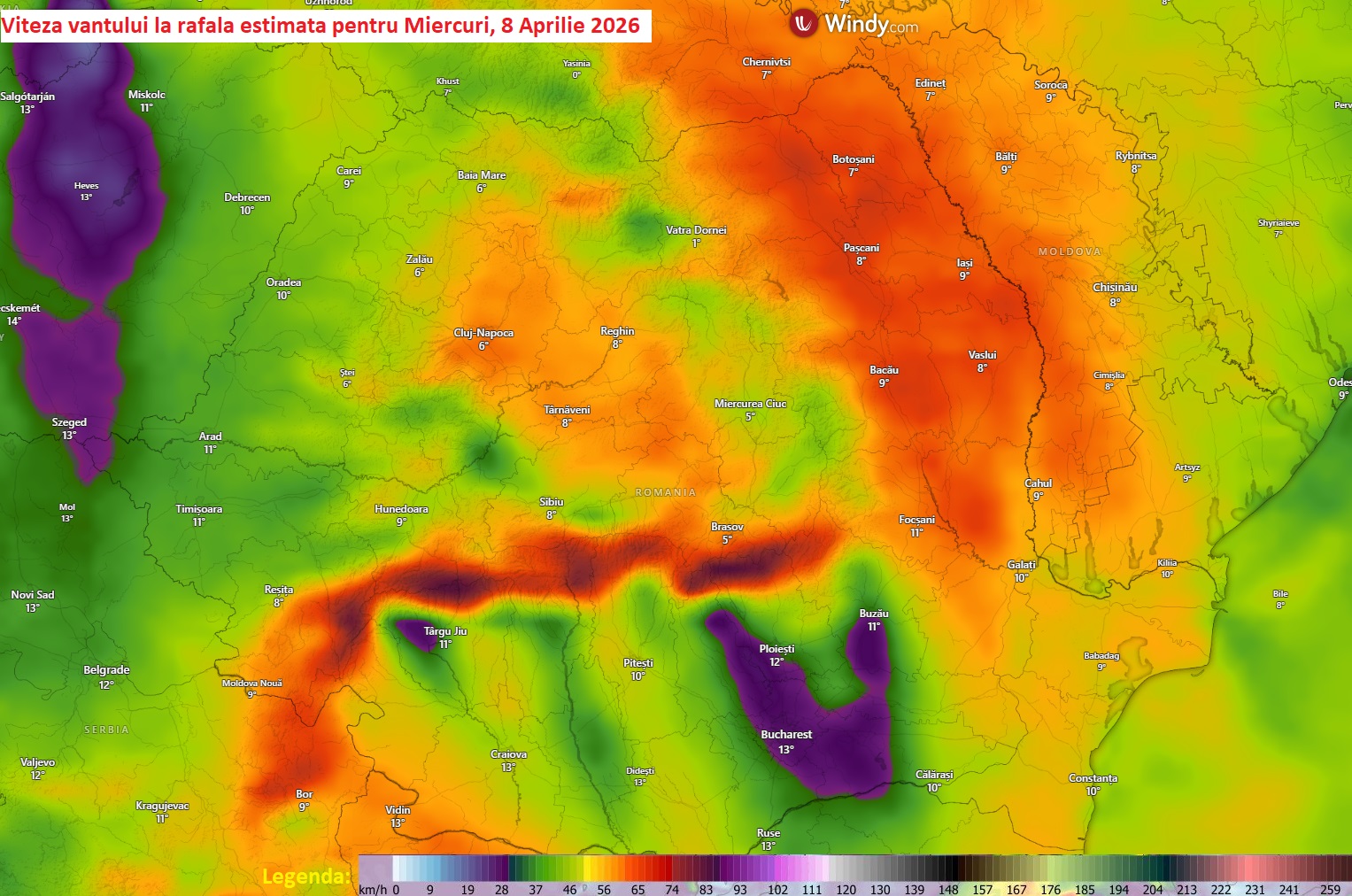 Viteza vântului la rafală, estimată pentru Miercuri, 8 Aprilie 2026