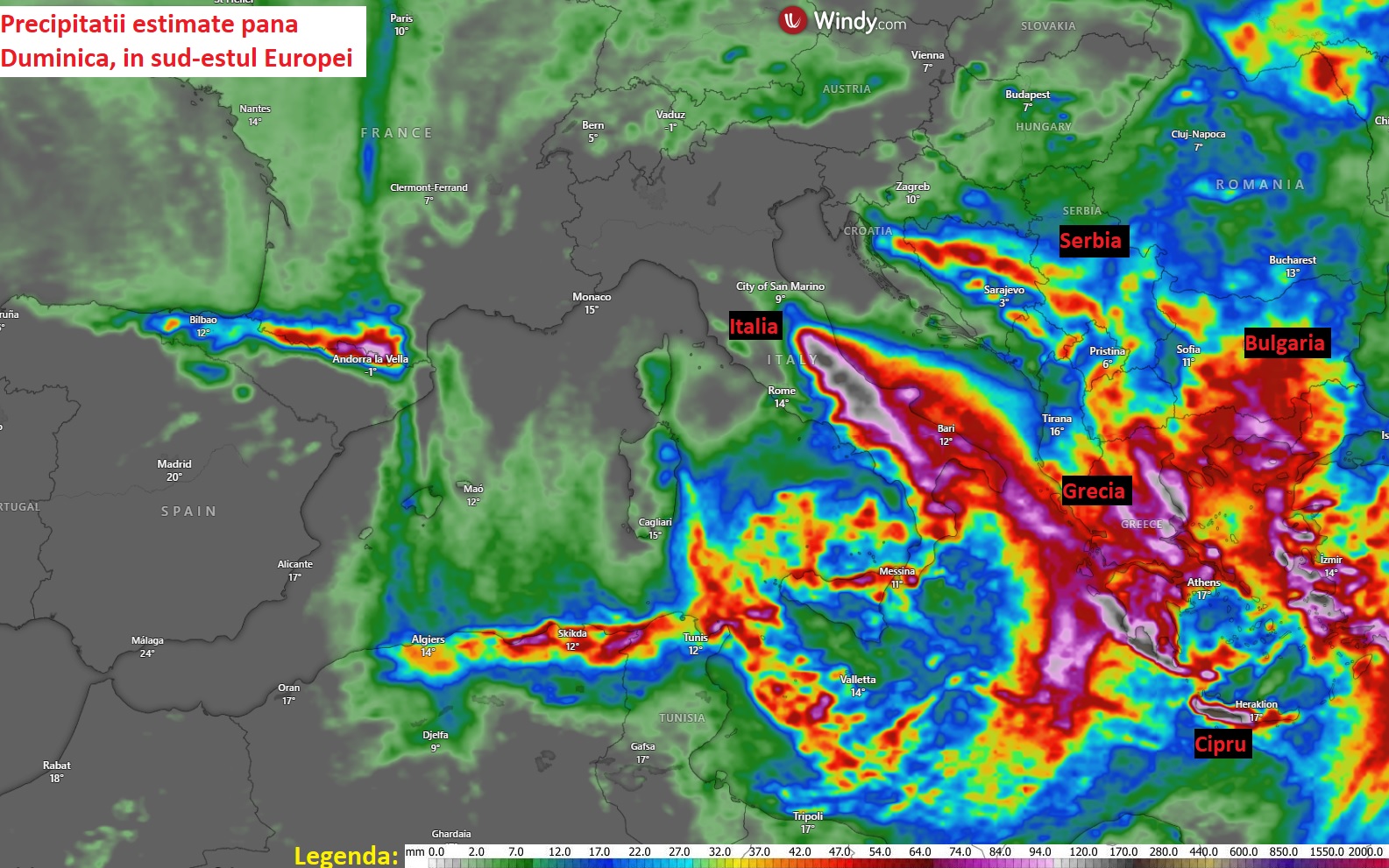 Precipitatii estimate pana Duminica seara