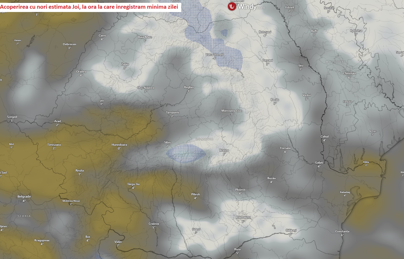 Acoperirea cu nori estimată pentru dimineața zilei de Joi, 9 Aprilie 2026