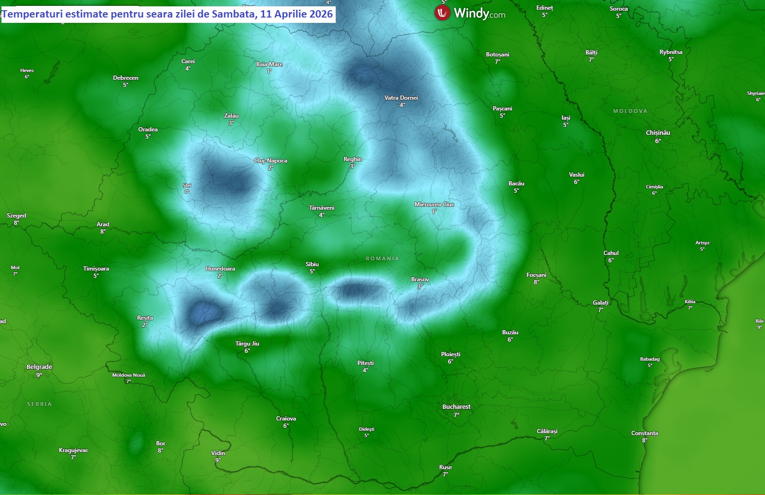 Temperaturi estimate pentru seara zilei de Sambata, 11 Aprilie 2026