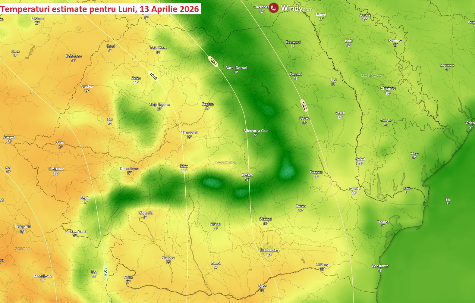 Temperaturi estimate pentru Luni , 13 Aprilie 2026