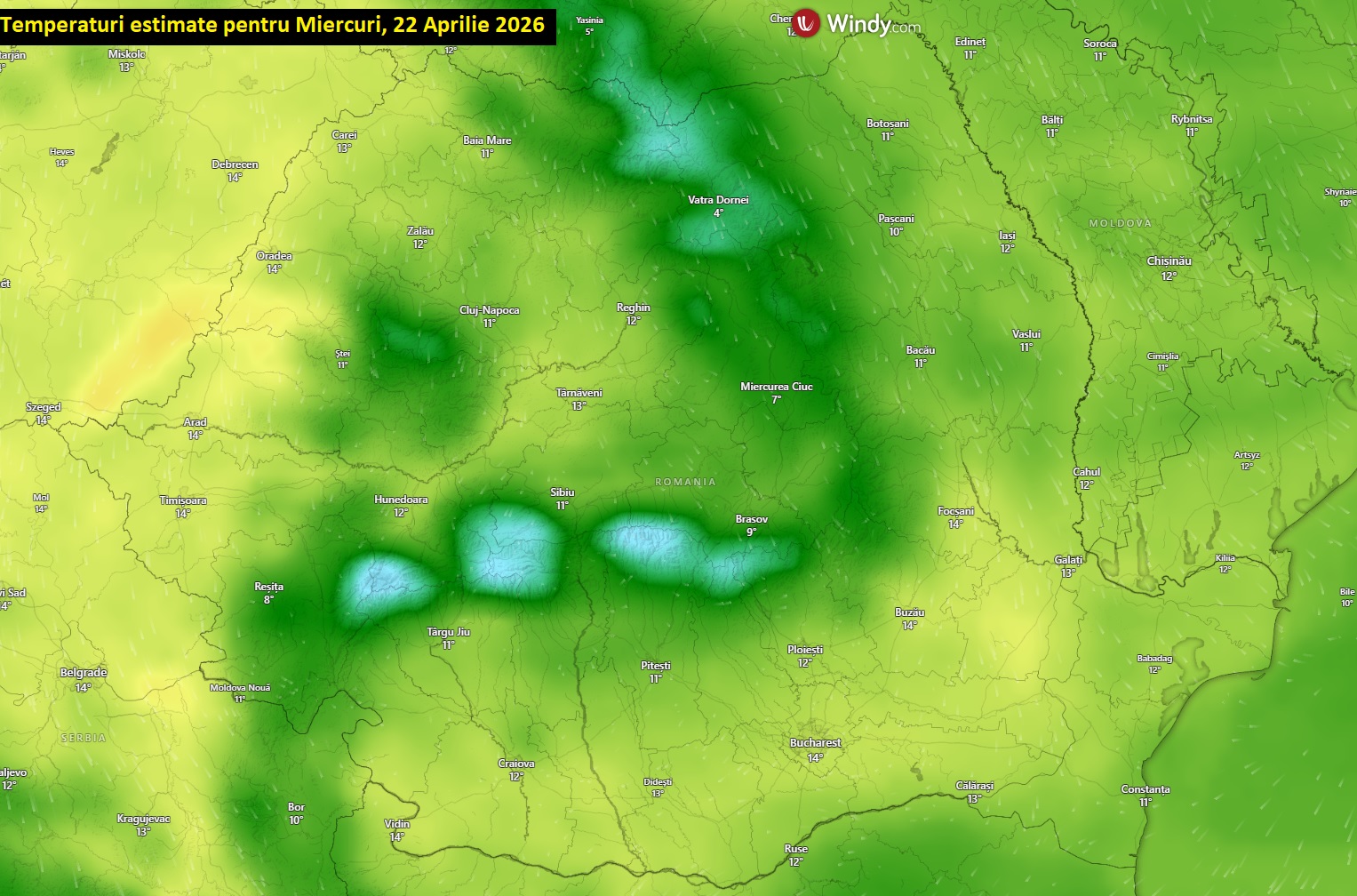 Temperaturi estimate pentru miercuri, 22 aprilie 2026