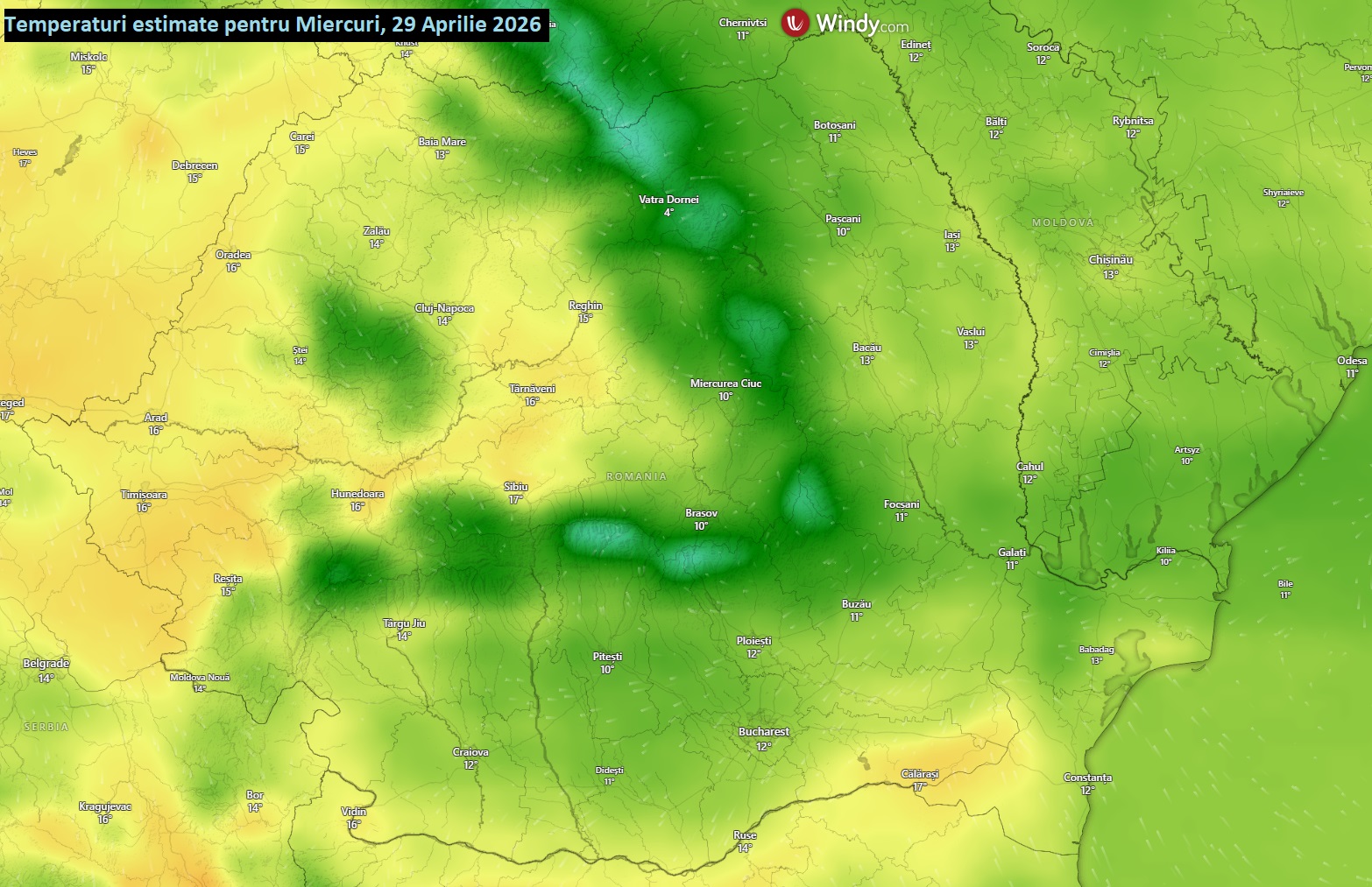 Temperaturi estimate pentru Miercuri, 29 Aprilie 2026