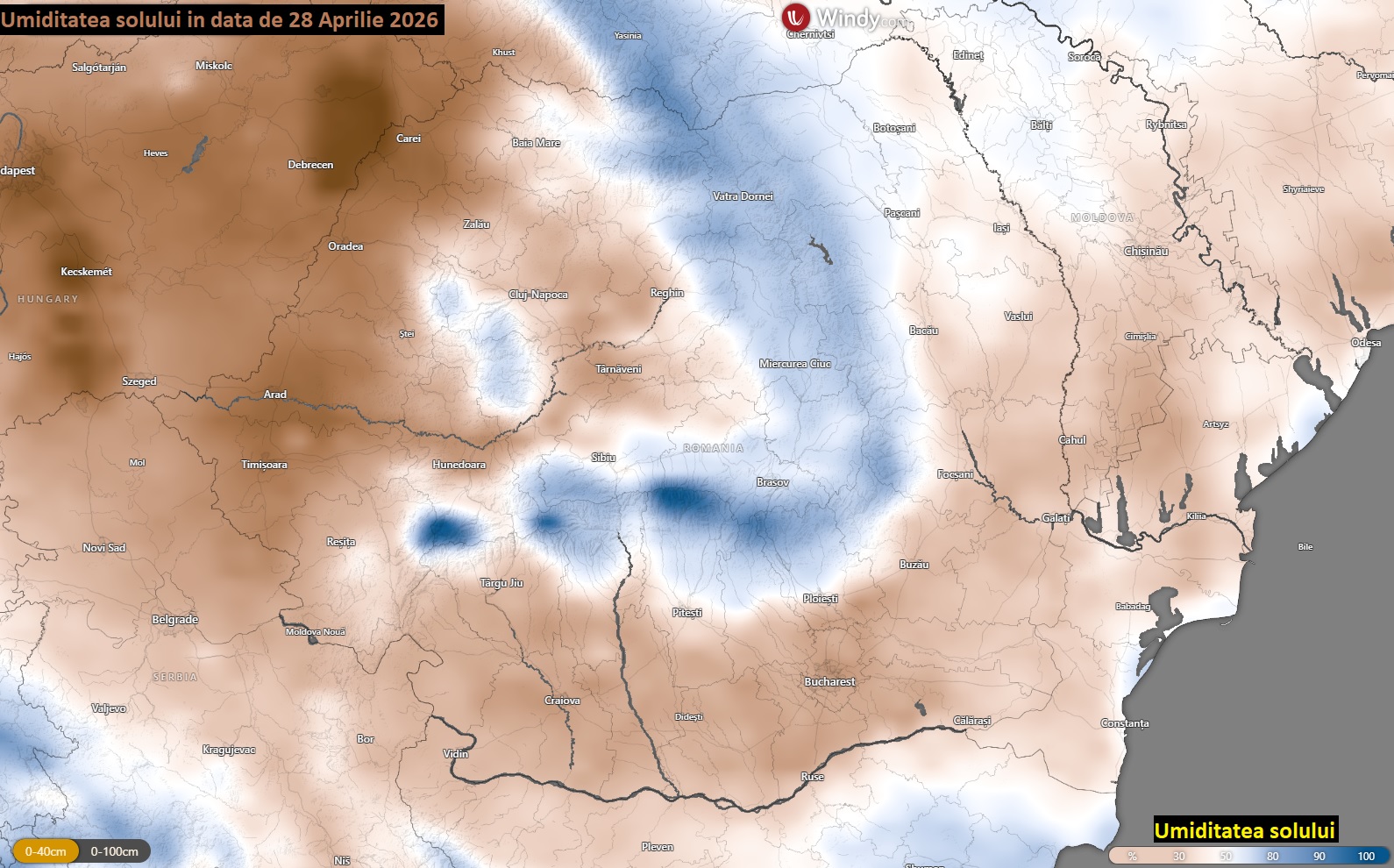 Umiditatea solului la data de 28 Aprilie 2026