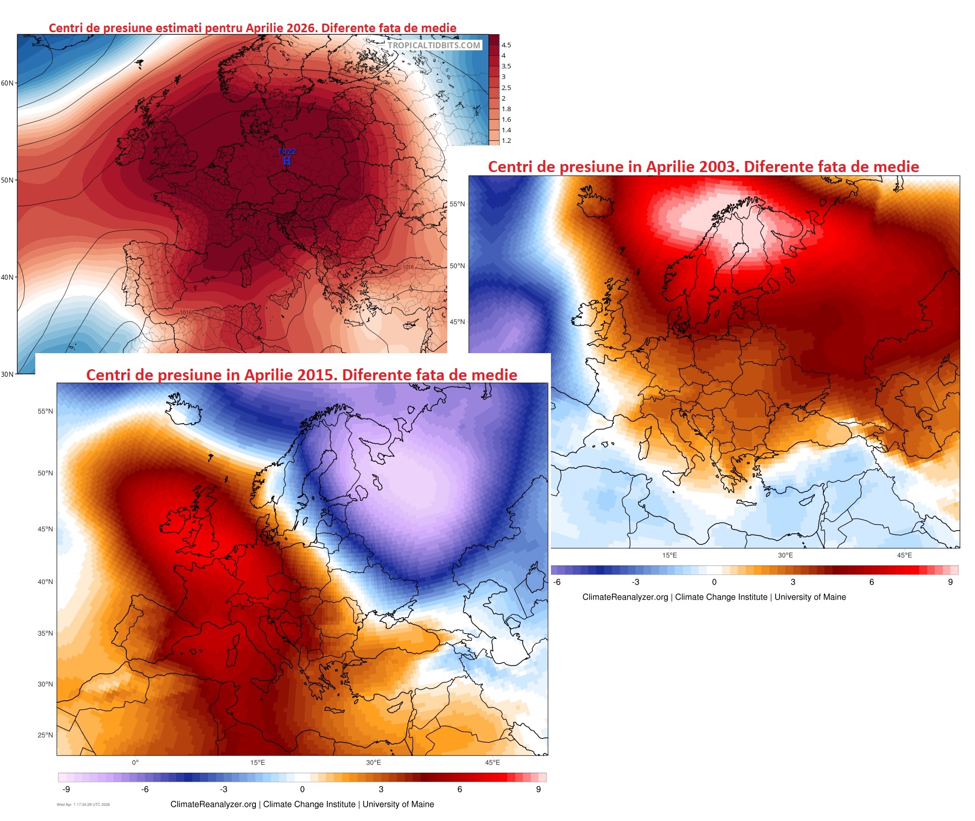 Estimarea centrilor barici pentru Aprilie 2026. Comparatii cu 2003 si 2015