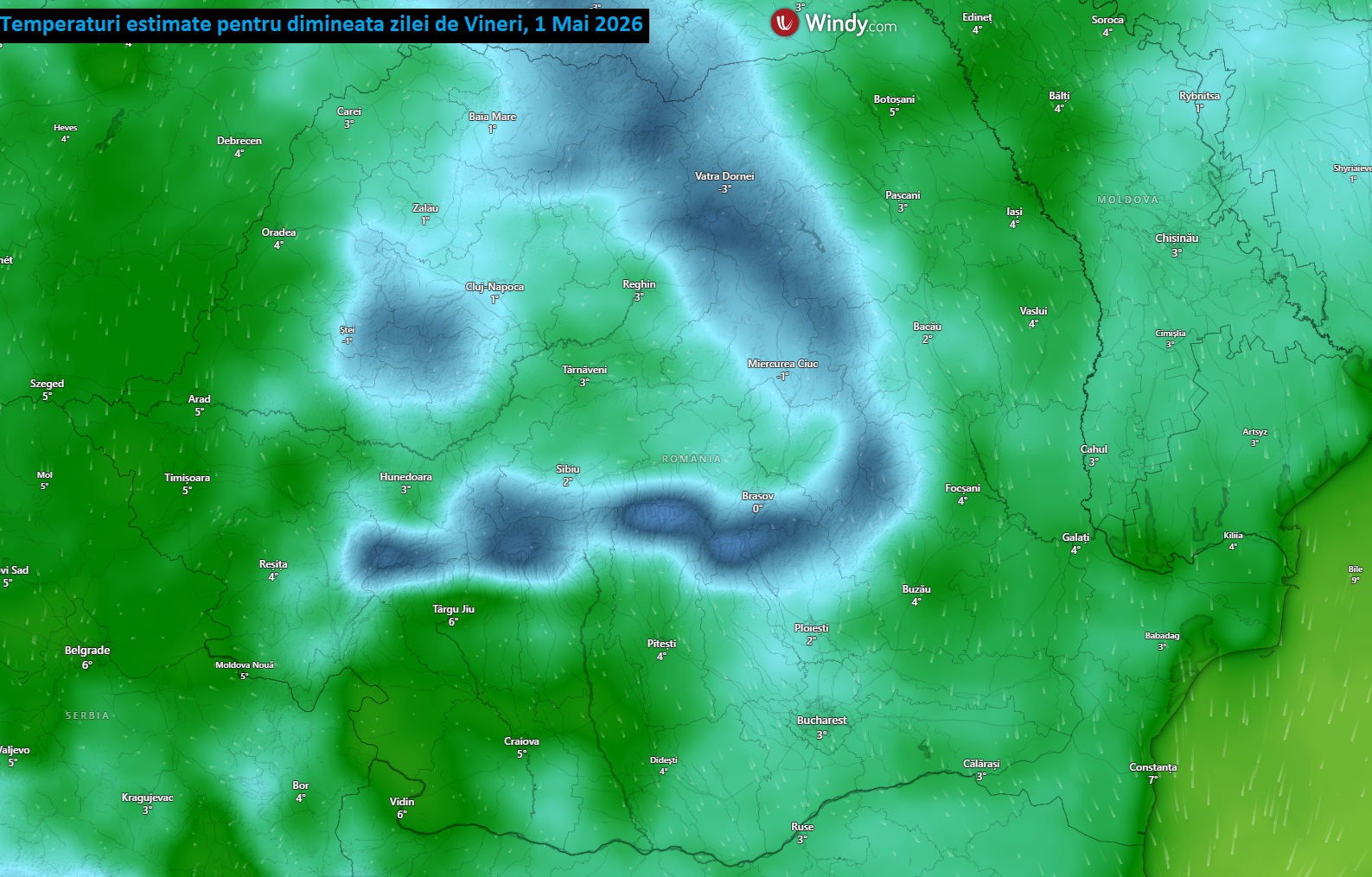 Temperaturi estimate pentru dimineața zilei de Vineri, 1 Mai