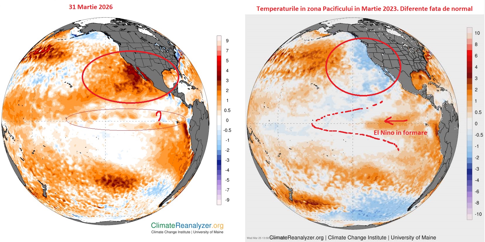 Temperatura mărilor și oceanelor în Martie 2023 față de Martie 2026
