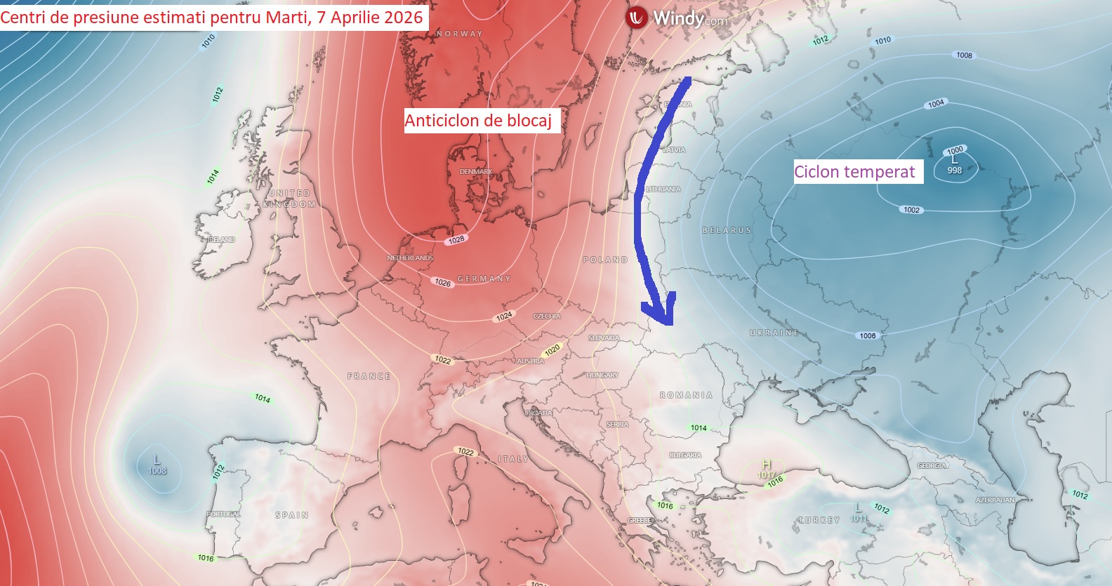 Centri de presiune estimați pentru ziua de Marți, 7 Aprilie 2026