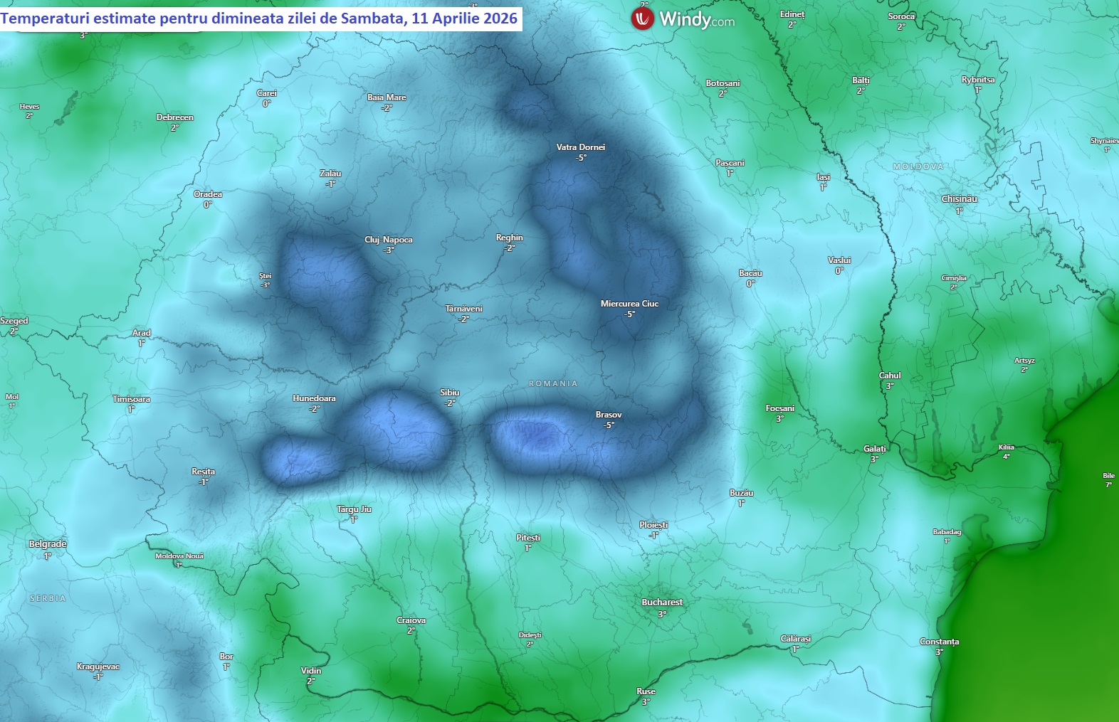Temperaturi estimate pentru dimineata zilei de Sambata, 11 Aprilie 2026