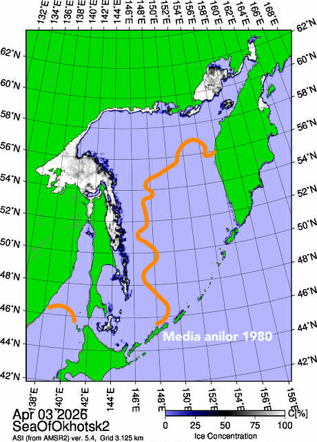 Extinderea gheții în Marea Okhotsk, în data de 3 Aprilie 2026