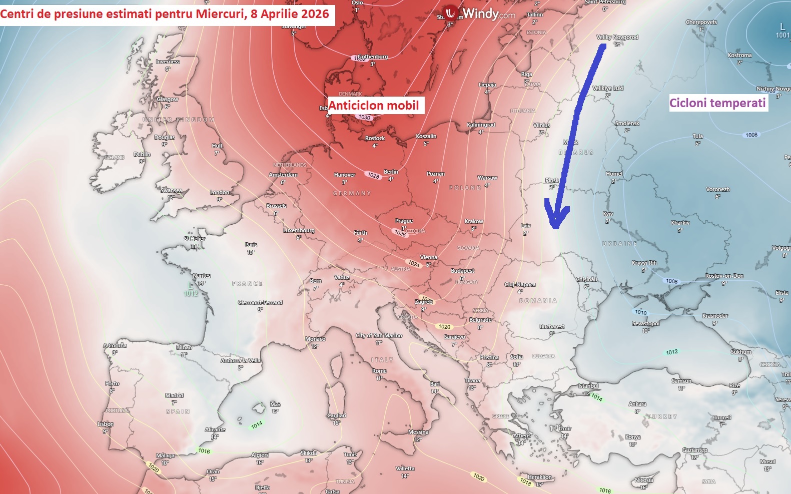 Centri de presiune estimati pentru Miercuri, 8 Aprilie 2026