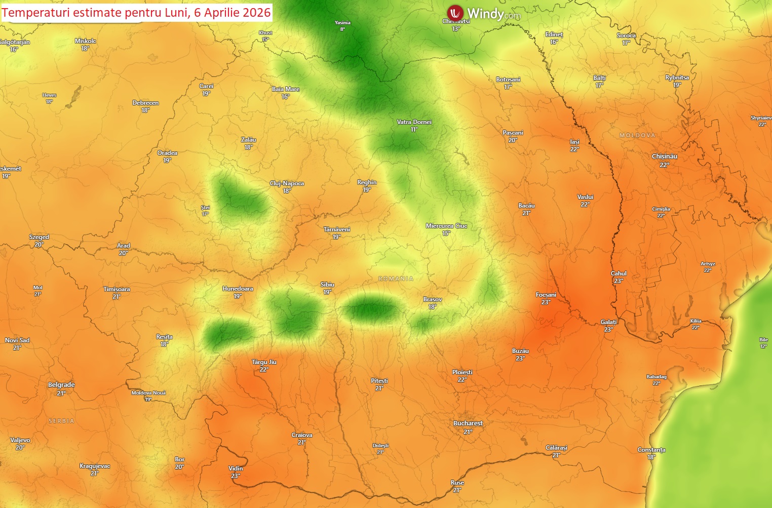 Temperaturi estimate pentru Luni, 6 Aprilie 2026