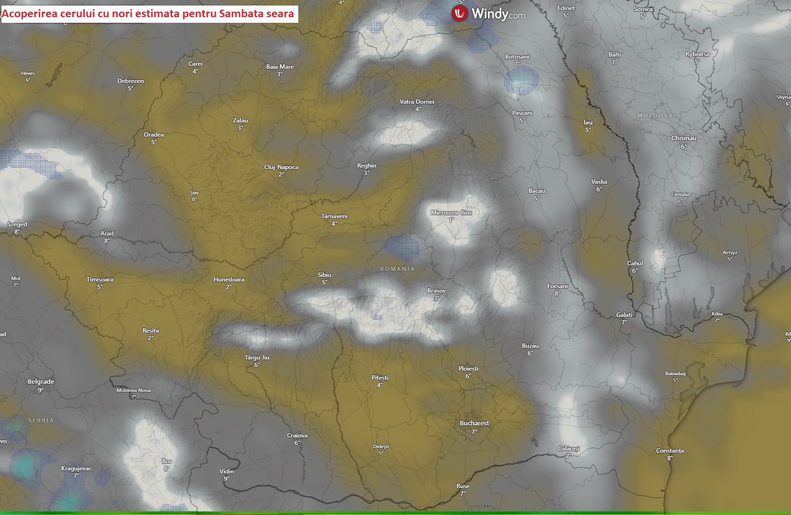 Acoperirea cerului cu nori estimată pentru seara zilei de Sâmbătă