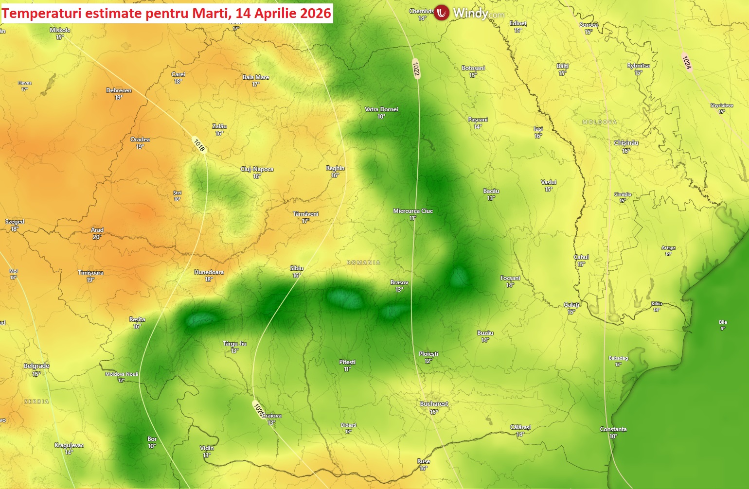 Temperaturi estimate pentru Marți, 14 Aprilie 2026