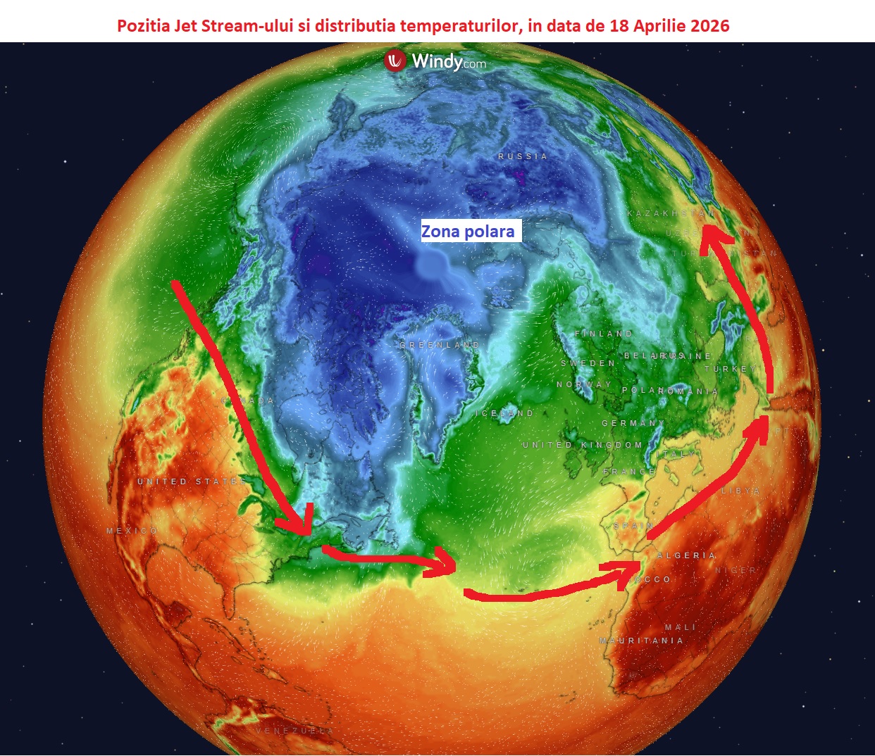Jet Stream-ul și distribuția temperaturilor în data de 18 Aprilie 2026